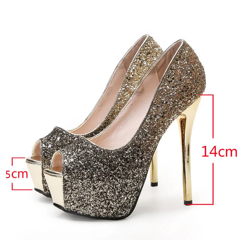 sequined high heels summer women Super High Heels Sexy shoes platform shoes pumps Wedding Party 14cm womens platform high heels