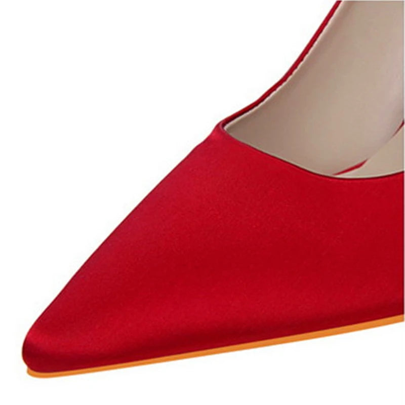 Elegant Metal Carved Heel Women Pumps Solid Silk Pointed Toe Shallow Fashion High Heels 10cm Female Wedding Dress Shoes