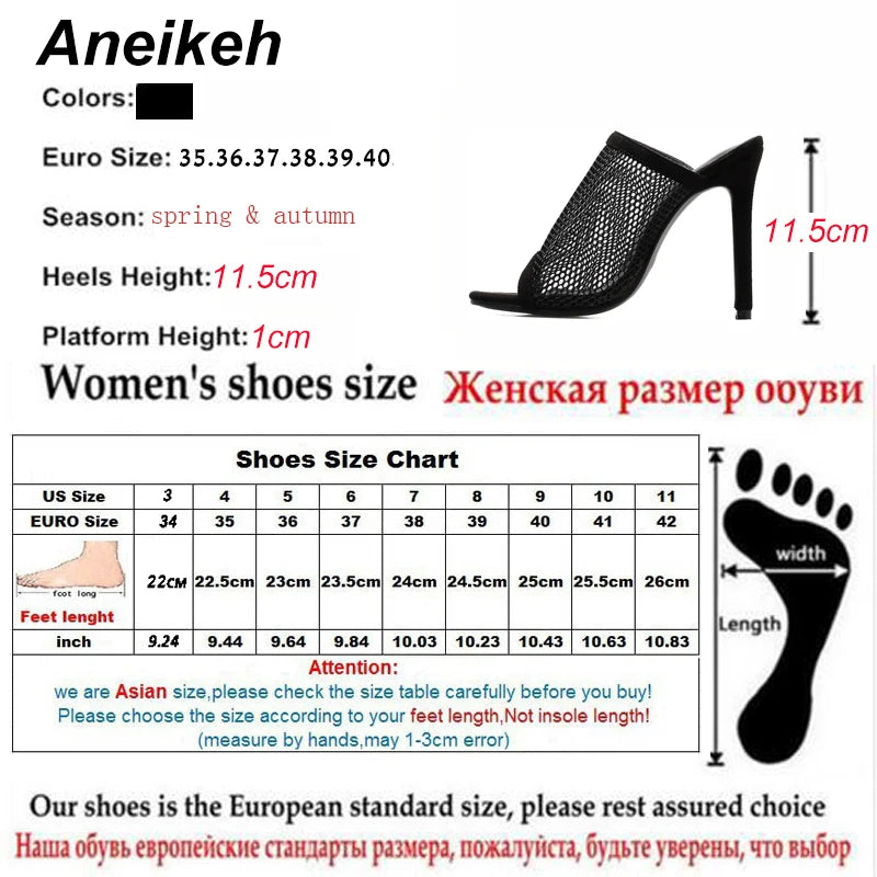 Aneikeh Summer Open Toe Sandals Women Mule Slides Mesh Hole Cut Out Hollow Stilettos High Heels Casual Clubwear Shoes black