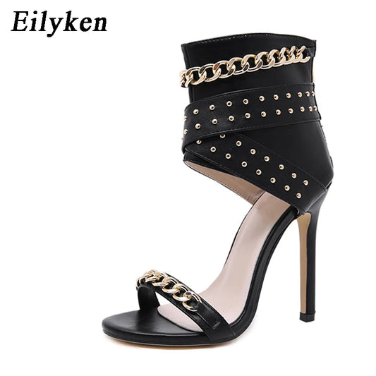 Eilyken Rivet Metal Decoration Cover High Heels Sandals Boots For Women Party Gladiator Black Ladies Shoes Size 35-42