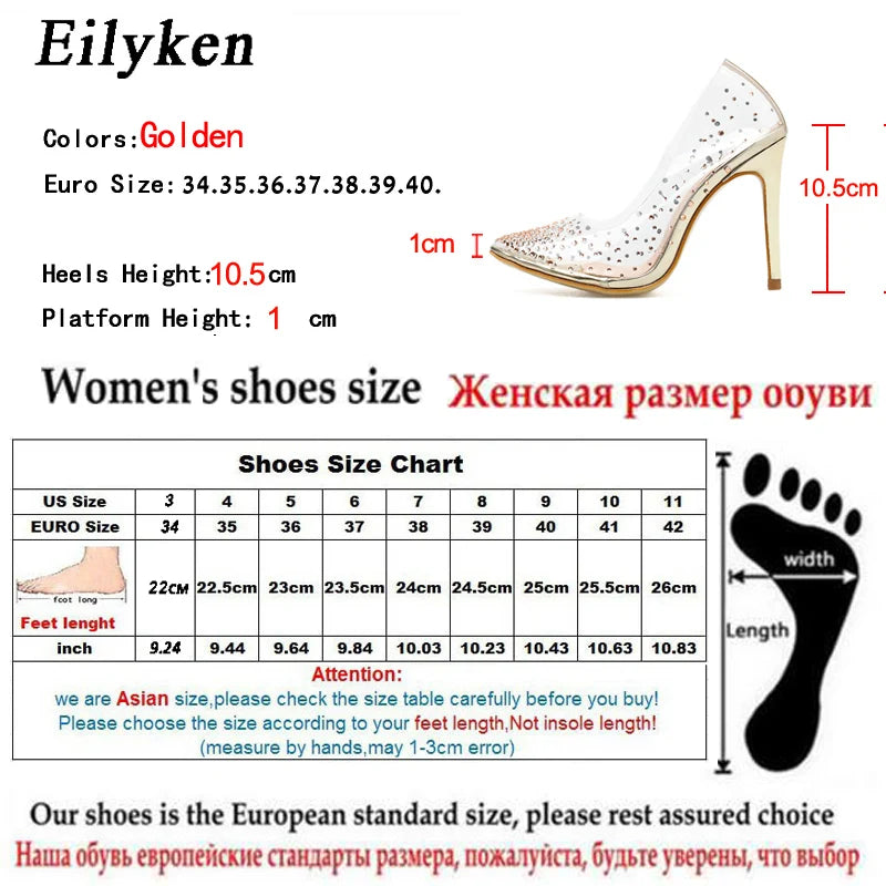 EilyKen Fashion Gold Rhinestone PVC Transparent Women Pumps Spring Autumn High Heels Shoes Sexy Party Wedding Pole Dance Sandals