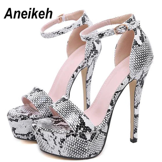 Aneikeh Serpentine Women's Super High Heels Sandals Summer Sexy Ankle Strap Open Toe Party Dress Catwalk Fashion Runway Model Snake Platform Gladiator Black White