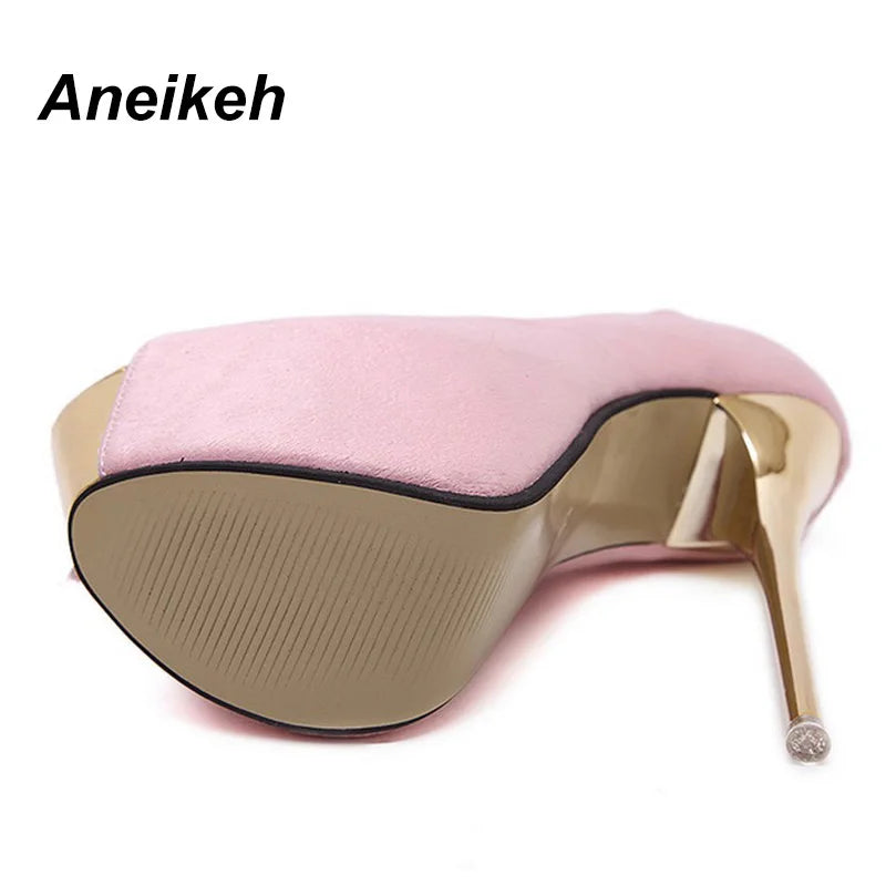 Aneikeh Brand 16CM Super High Heels Women's Pumps Stiletto Thin Heel Shoes Open Toe Pink Black Gold