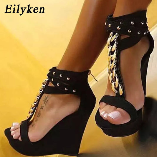 Eilyken Gladiator Sandals Women High Heels Fashion Design Chain Platform Wedges Open toe Shoes Zapatos Mujer