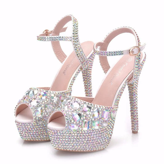 Crystal Queen Diamond Women Super High Heels Wedding Pumps 14cm Peep Shoes  Platform 4CM  Wristband Colorful Stiletto