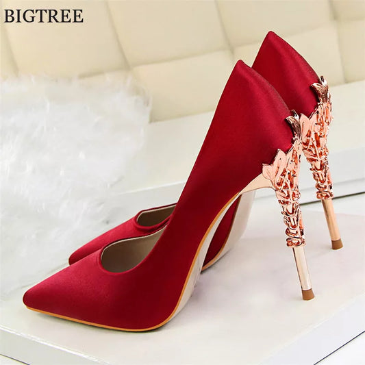 Elegant Metal Carved Heel Women Pumps Solid Silk Pointed Toe Shallow Fashion High Heels 10cm Female Wedding Dress Shoes