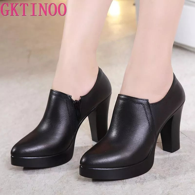 GKTINOO Deep Mouth Pointed Toe Leather Shoes Women Pumps Autumn Black High Heels Office Shoes Plus size 33-43