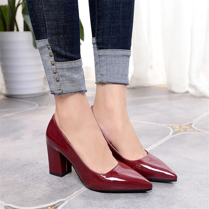 Casual Office Women Pumps Short Heels 7.5cm Patent Leather Pointed-toe Slip-On