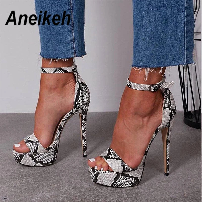 Aneikeh Serpentine Women's Super High Heels Sandals Summer Sexy Ankle Strap Open Toe Party Dress Catwalk Fashion Runway Model Snake Platform Gladiator Black White