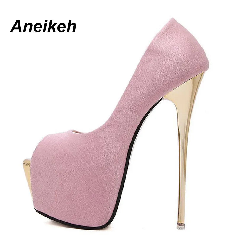 Aneikeh Brand 16CM Super High Heels Women's Pumps Stiletto Thin Heel Shoes Open Toe Pink Black Gold