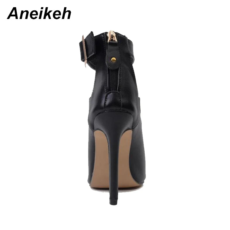 Aneikeh Summer Fashion Sexy PU Peep Toe High Heels Women's Cover Heel Metal Button Thin Heel Sandals Party Dress Zapatos