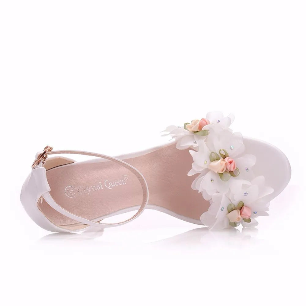 Crystal Queen Sweet White Flower Sexy Dress Wedding Shoes Women Lacing Ankle Strap Peep Toe High Heels Floral Sandals