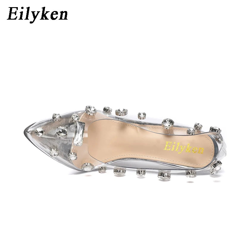 Eilyken Design Rivet Crystal Women Pumps PVC Transparent High Heels Sexy Nightclub Prom Female Sandals Wedding Shoes