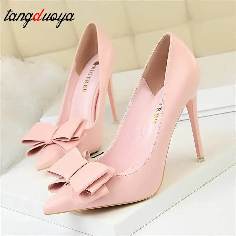 Autumn Heel Shoes Pink Heels Woman Blue Sweet Bow Women White High Heels Matte Leather Pumps Thin Heel Pointed Ladies high heels