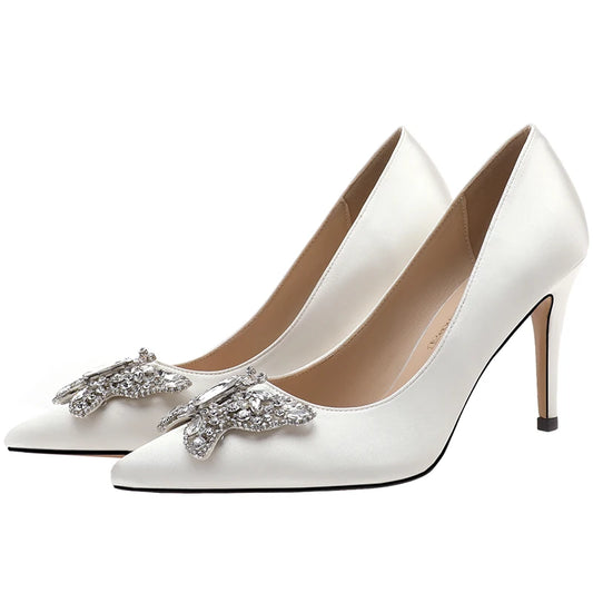 Elegant Women's High Heels Silk Pumps Rhinestone Metallic Butterfly Decor Wedding Bridal Formal Prom Luxury Microfiber