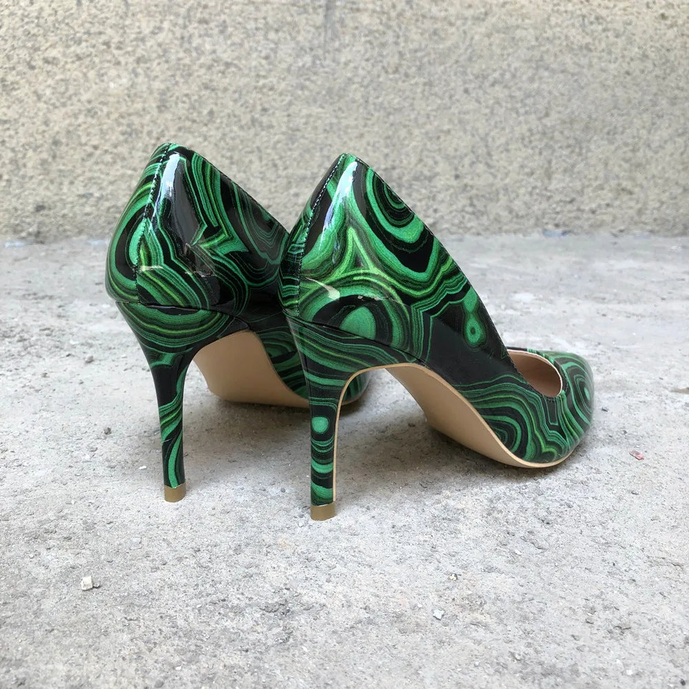 Veowalk Green Graffiti Printed Women High Heels Sexy Ladies Pointed Toe Stiletto Pumps Slip On Party Dress Shoes Woman Heels