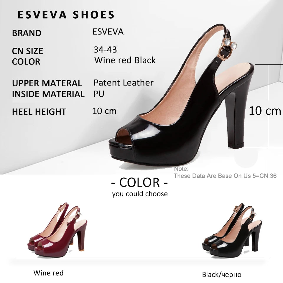 ESVEVA Women Sandals Shoes Buckle Strap Elegant Sandals Peep Toe Summer Square Heels Shoes Women High Heels Size 34-43