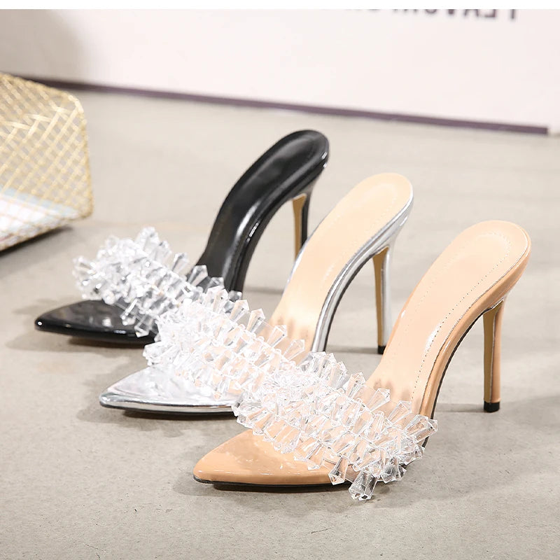 Women's Slippers Crystal Transparent Pointed Toe Pump Woman Big Size Sexy Slides PVC Thin High Heels Ladies Party Shoes