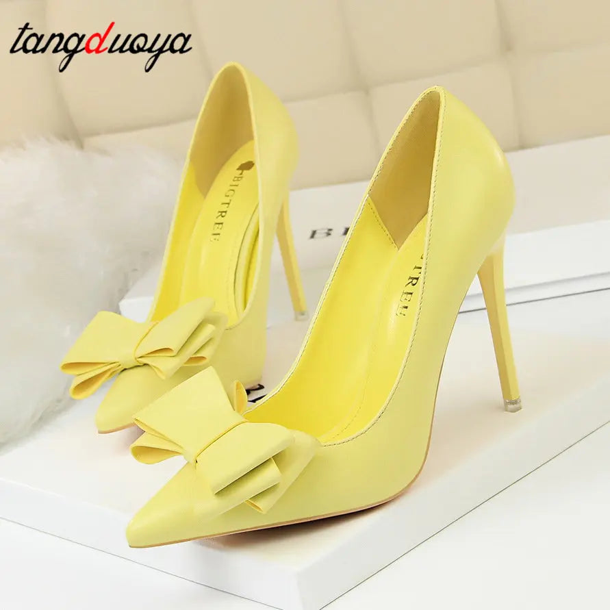 Autumn Heel Shoes Pink Heels Woman Blue Sweet Bow Women White High Heels Matte Leather Pumps Thin Heel Pointed Ladies high heels