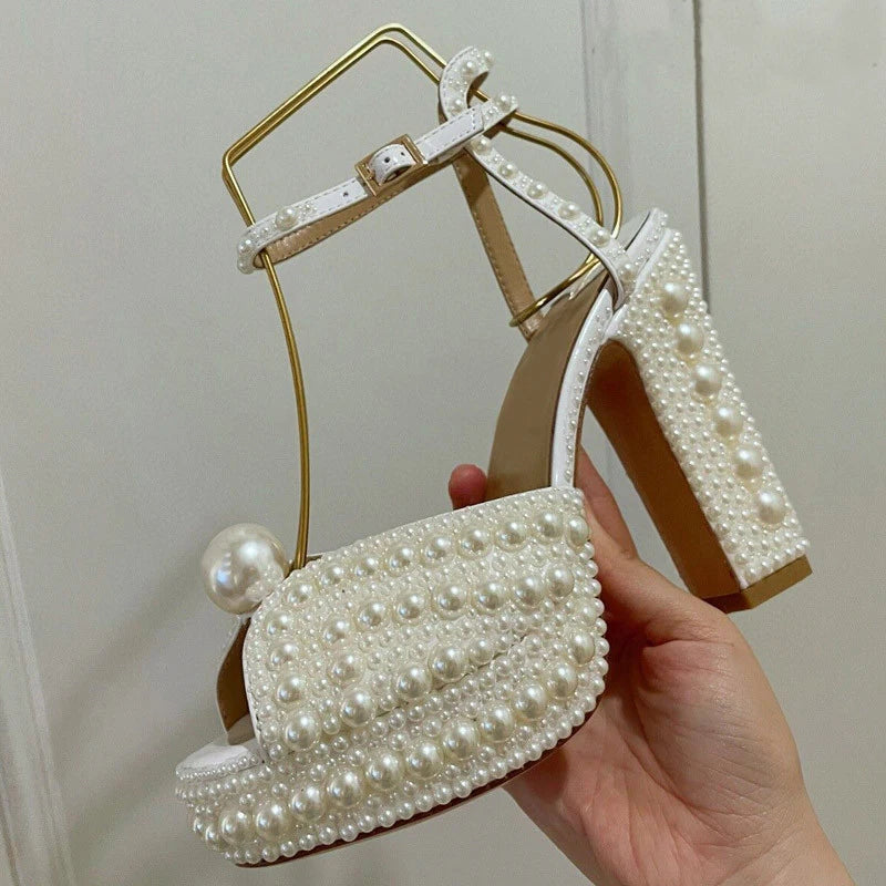 Elegant Big Pearl Gladiator Sandals Women's Shoes Open Toe Rhinestone Diamond High Heels Pumps Women's Bridal Wedding Shoes