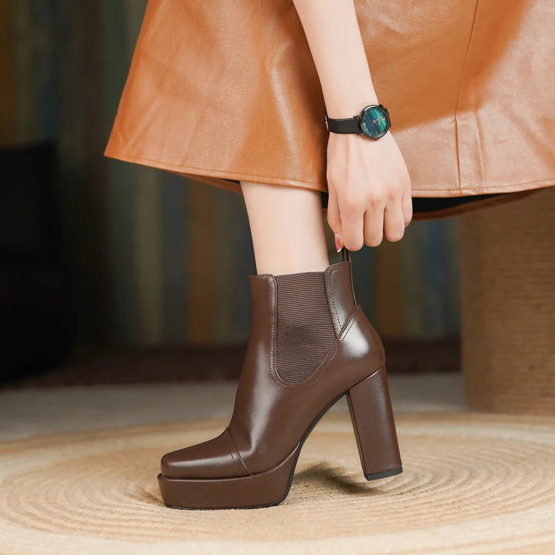 Comfortable Waterproof Taiwan Thick High Heels Bottom Female Boots Elastic Band Brown Black