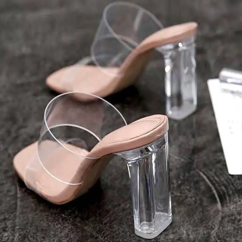 Sexy Stylish Comfy Summer Women Pumps Sandals PVC Jelly Slippers Open Toe High Heels Women PVC Transparent Perspex Slippers Clear Sandals Beige