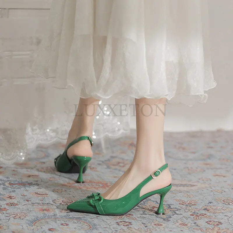 Trendy Woman Green Pumps Low Heels Luxury Designer Metal Pointed-toe Shallow Mouth Black Party Green Beige Glossy Smooth