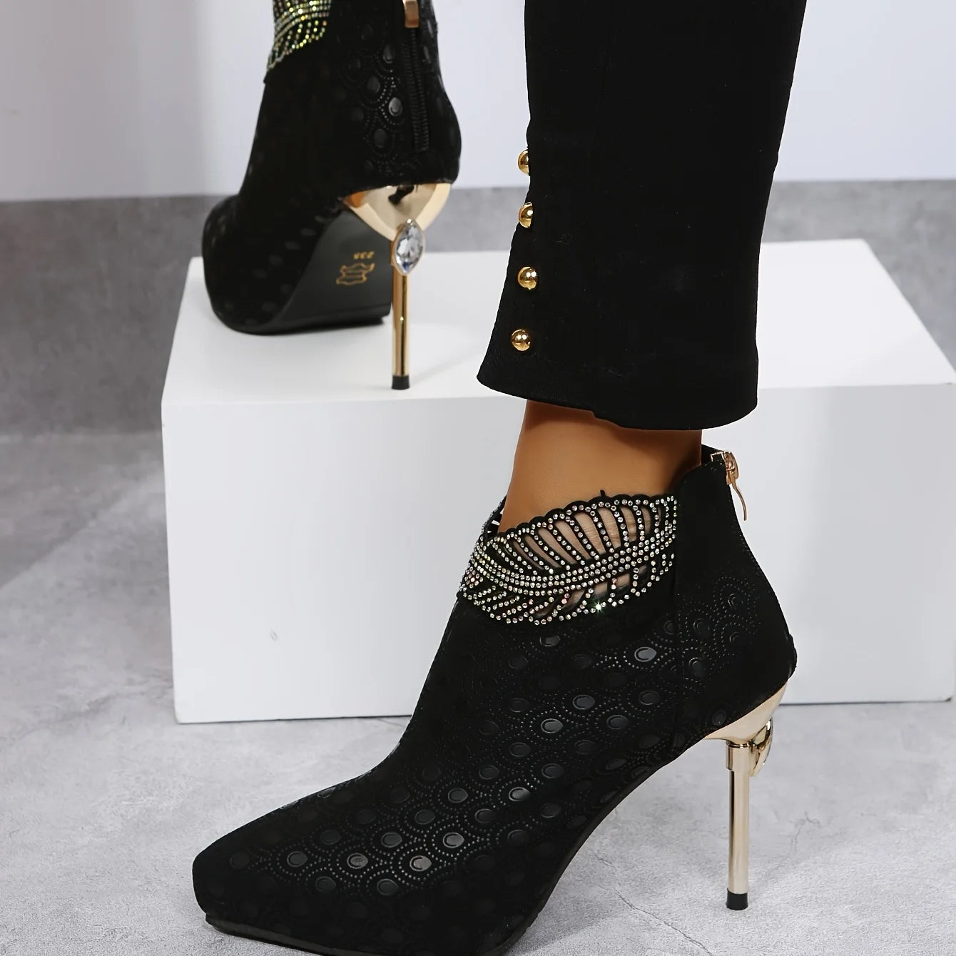 Women Rhinestone Stiletto Ankle Boots Sexy Pointed Toe Slip On Platform High Heels Party & Daily Wear Pumps