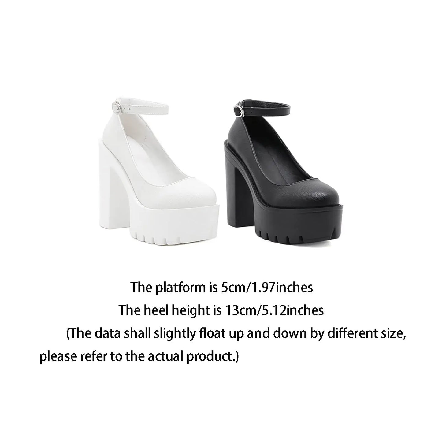 Women's Classic Pumps Fashion Platform Low Thick Heels Ankle Strap Brand Trendy Marry Jane White Black