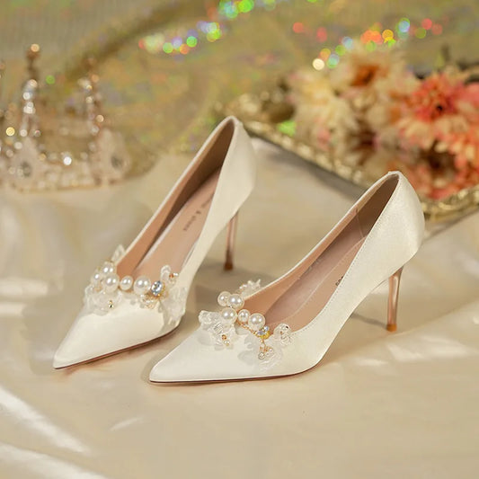 Women's Not Tired Feet New High Grade Pearl Fine Heel Chinese Bridal Shoes 4512