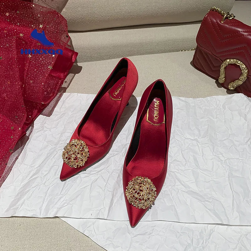 Bridal Wedding Women's Pumps Rhinestone Pointed-toe Red Medium High Heels Bright Red Gold