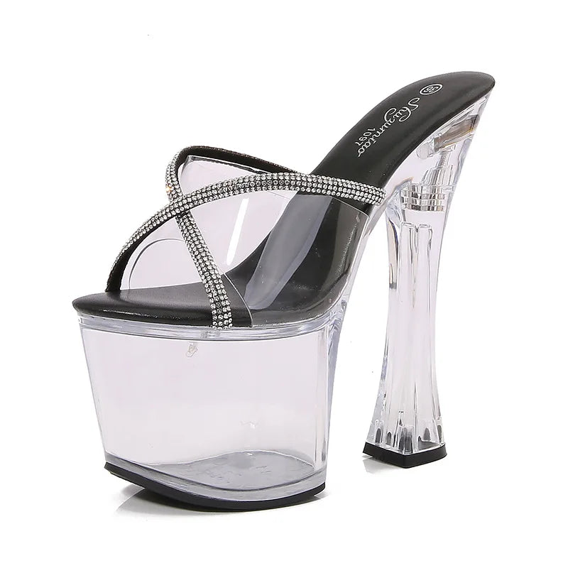 Flash 18cm Transparent Sexy Fetish Shoes Open Toe Super High Heel 7 inch Nightclub Thick With Platform Taiwan Slippers For Women