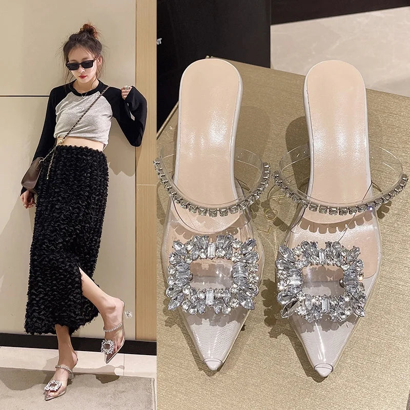 Elegant Trendy Pointed-Toe Crystal Transparent Women's High Heels Summer Wedding Bridal Prom Casual Pump Zapatos Mujer