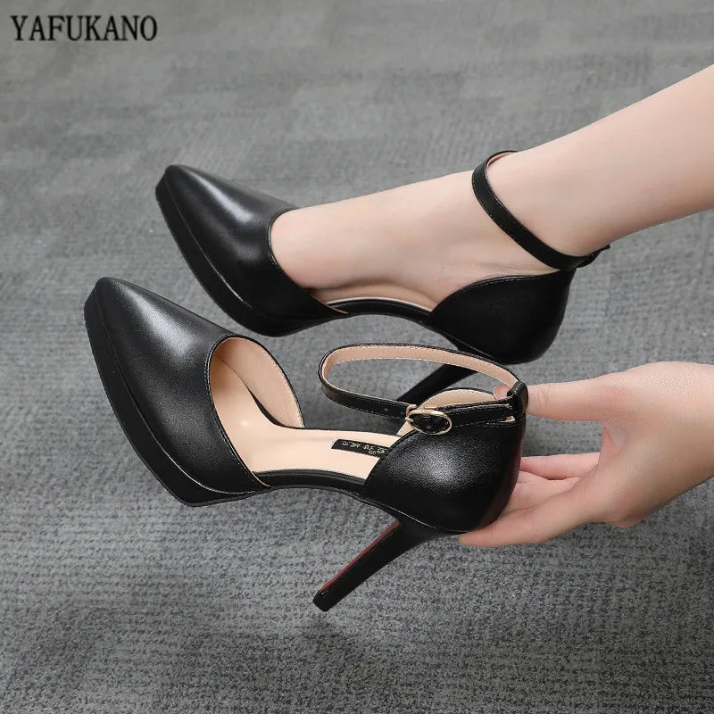 Ankle Straps Women's Sandals 10 Cm Sexy Pointed Toe Platform Pumps Matte Leather Ladies High Heels Beige Black Pink