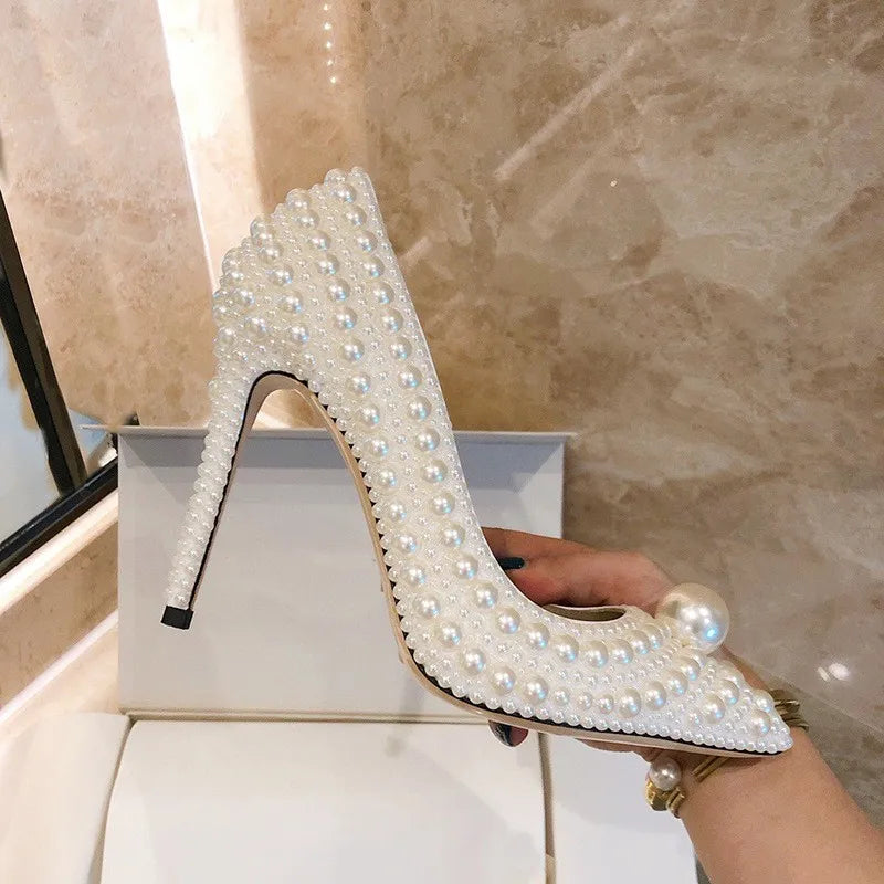 Charming Pearl Pointed Toe Stiletto High Heels Bride Banquet Wedding Shoes Woman White Slip-on Spring Summer Fairy Pumps