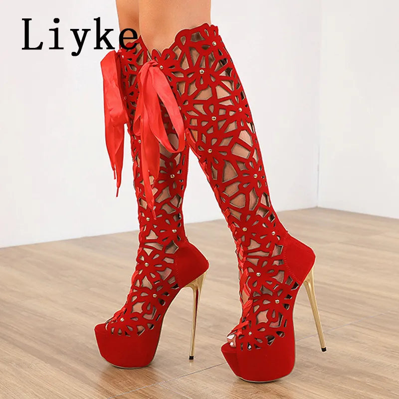 Liyke 16CM Ultra-Thin High Heels Sexy Nightclub Hollow Out Over Knee-high Boots Women Peep Toe Lace-Up Zip Platform