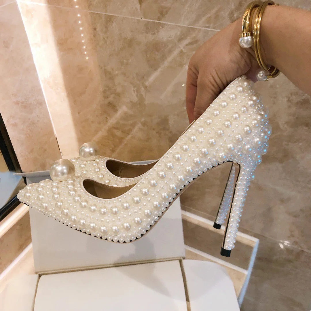 Charming Pearl Pointed Toe Stiletto High Heels Bride Banquet Wedding Shoes Woman White Slip-on Spring Summer Fairy Pumps