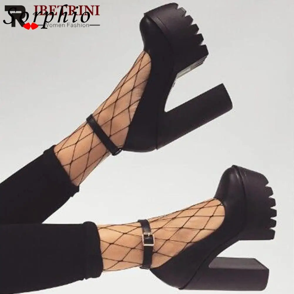 Women's Classic Pumps Fashion Platform Low Thick Heels Ankle Strap Brand Trendy Marry Jane White Black