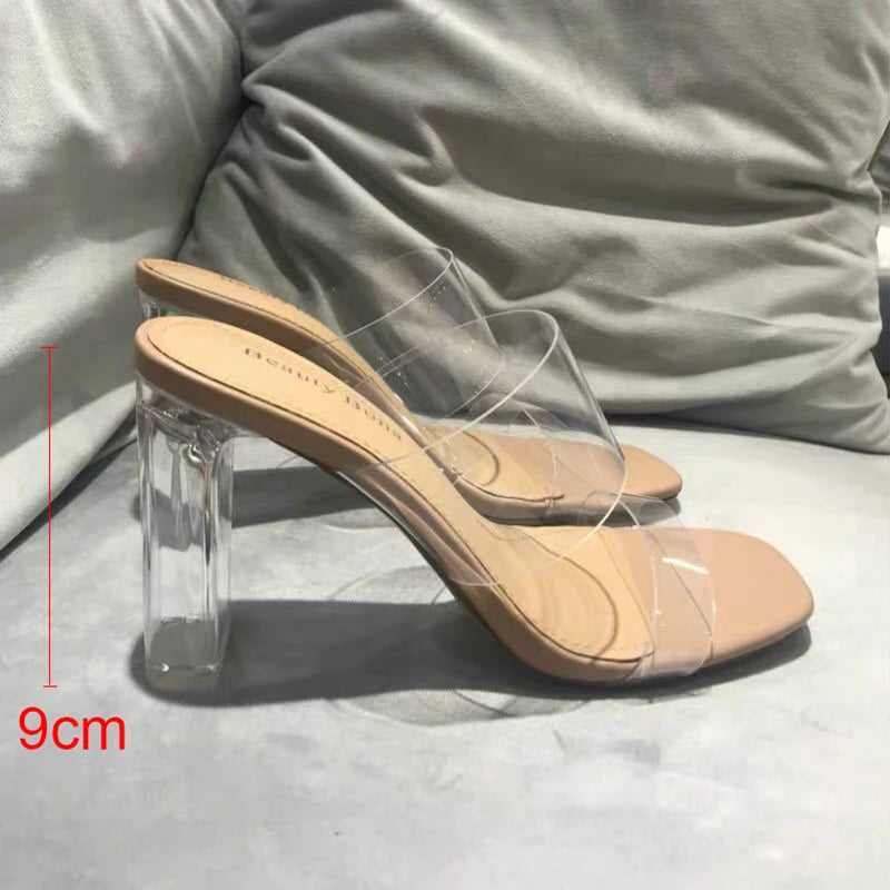 Sexy Stylish Comfy Summer Women Pumps Sandals PVC Jelly Slippers Open Toe High Heels Women PVC Transparent Perspex Slippers Clear Sandals Beige