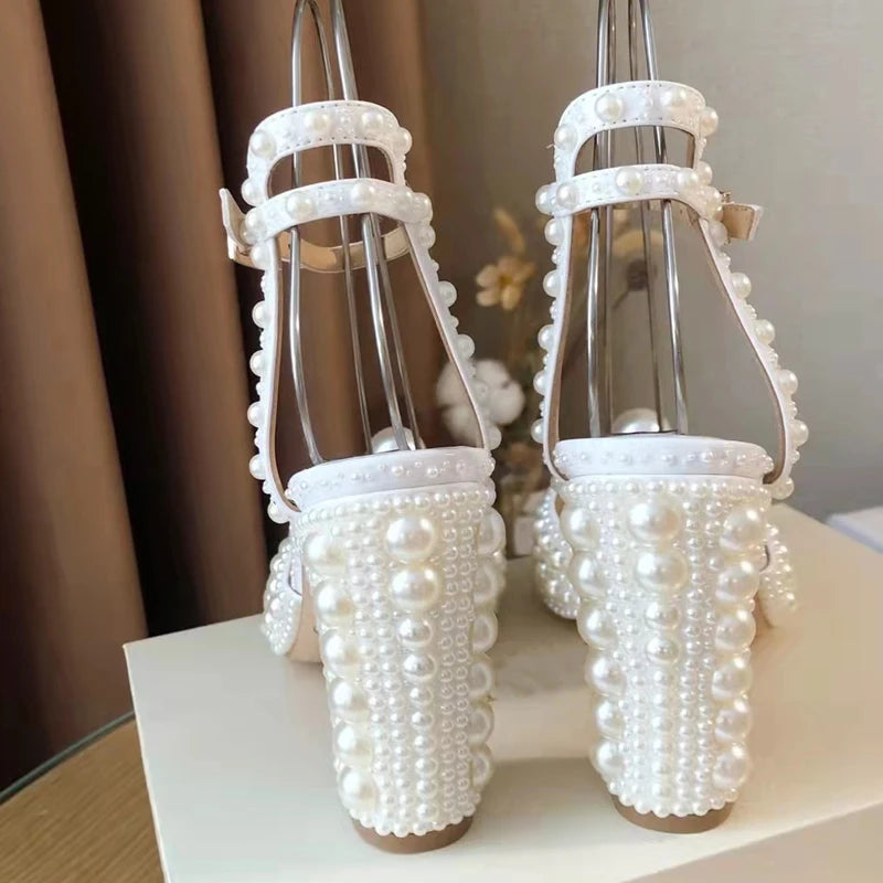 Elegant Big Pearl Gladiator Sandals Women's Shoes Open Toe Rhinestone Diamond High Heels Pumps Women's Bridal Wedding Shoes