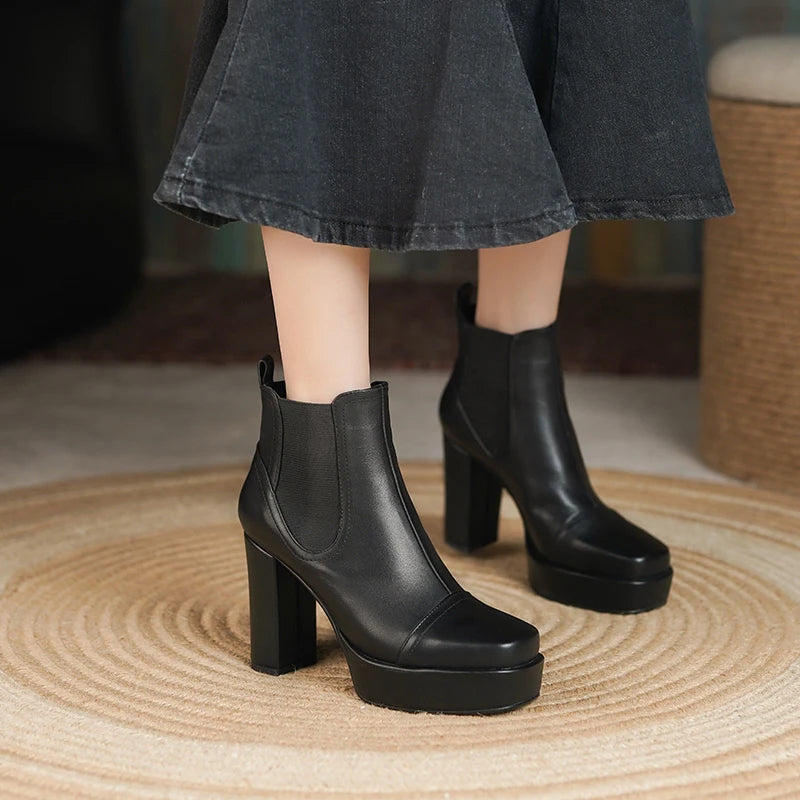 Comfortable Waterproof Taiwan Thick High Heels Bottom Female Boots Elastic Band Brown Black