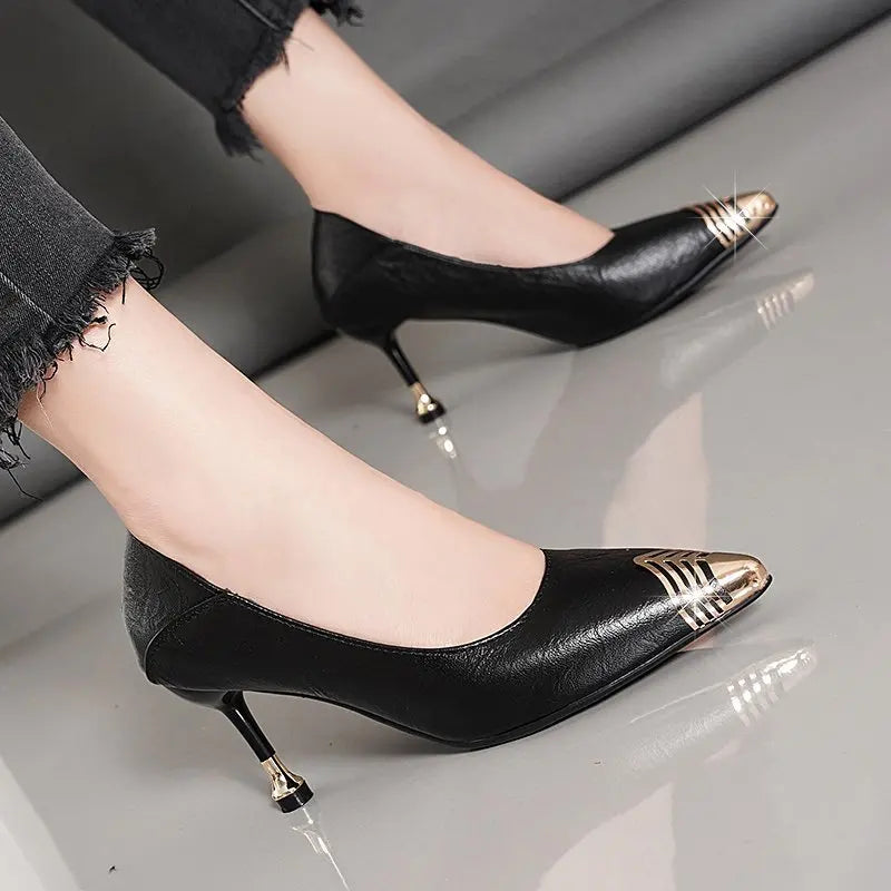 Trendy Pointed Toe Soft Leather Shallow Mouth Stilettos High Heels For Women All-match Black Ladies Office Work Dress Shoes