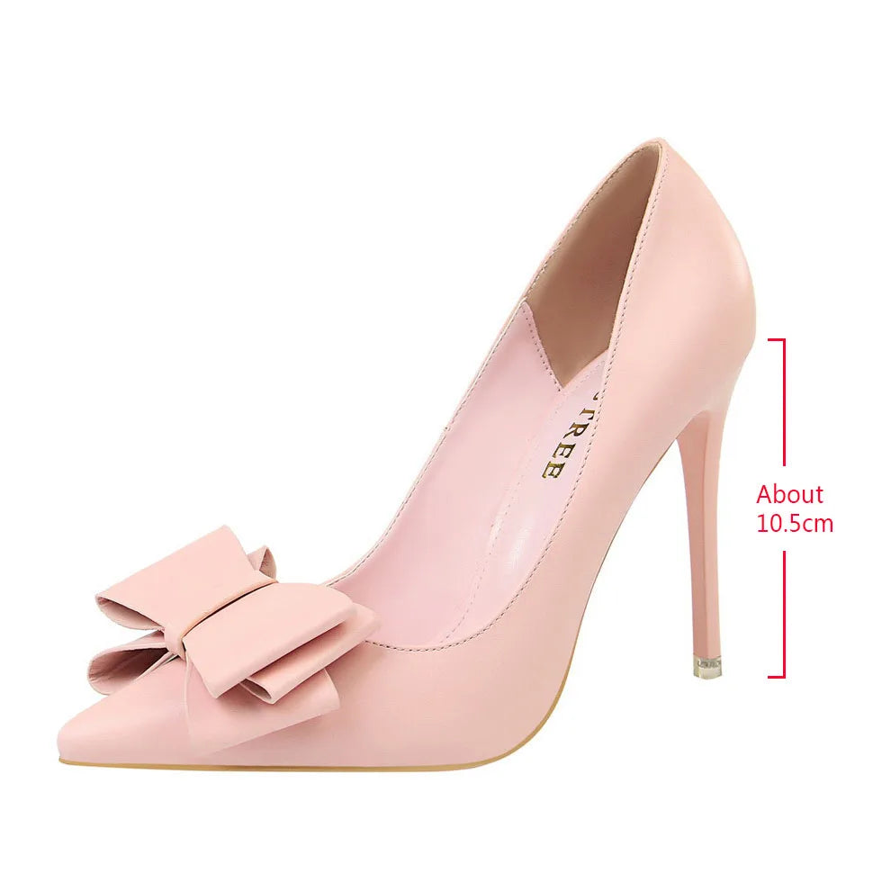 Autumn Heel Shoes Pink Heels Woman Blue Sweet Bow Women White High Heels Matte Leather Pumps Thin Heel Pointed Ladies high heels