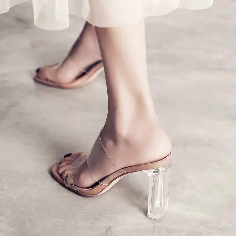 Sexy Stylish Comfy Summer Women Pumps Sandals PVC Jelly Slippers Open Toe High Heels Women PVC Transparent Perspex Slippers Clear Sandals Beige