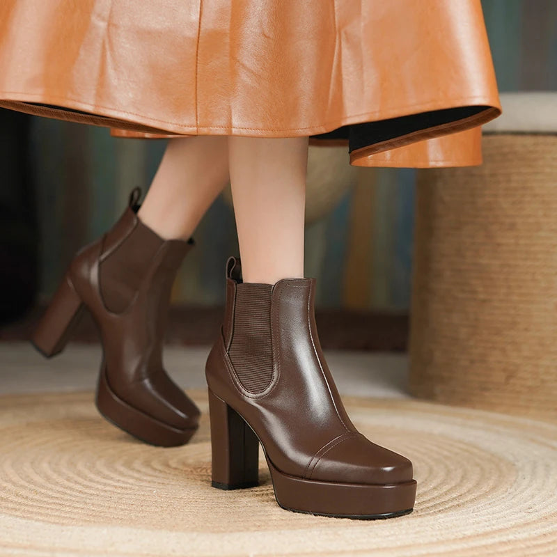 Comfortable Waterproof Taiwan Thick High Heels Bottom Female Boots Elastic Band Brown Black