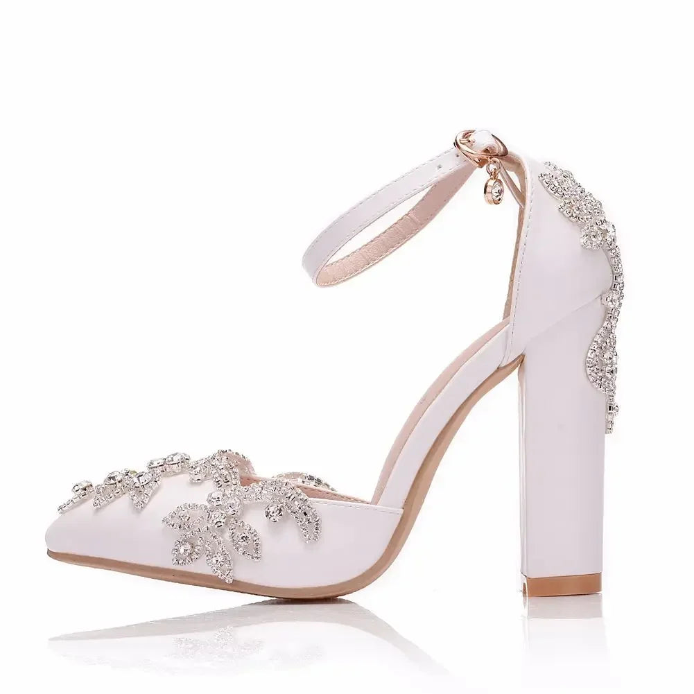 Elegant Rhinestone Bling Bling Thick Heels Pointed Toe Bridal Wedding Shoes Large Size  Thick Heel Sandals Women Rhinestone White Wedding Bridal Women