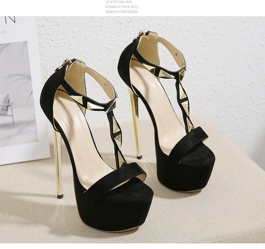 Chic Black suede stiletto super heels high 16cm metal sexy nightclub party open toe black gold