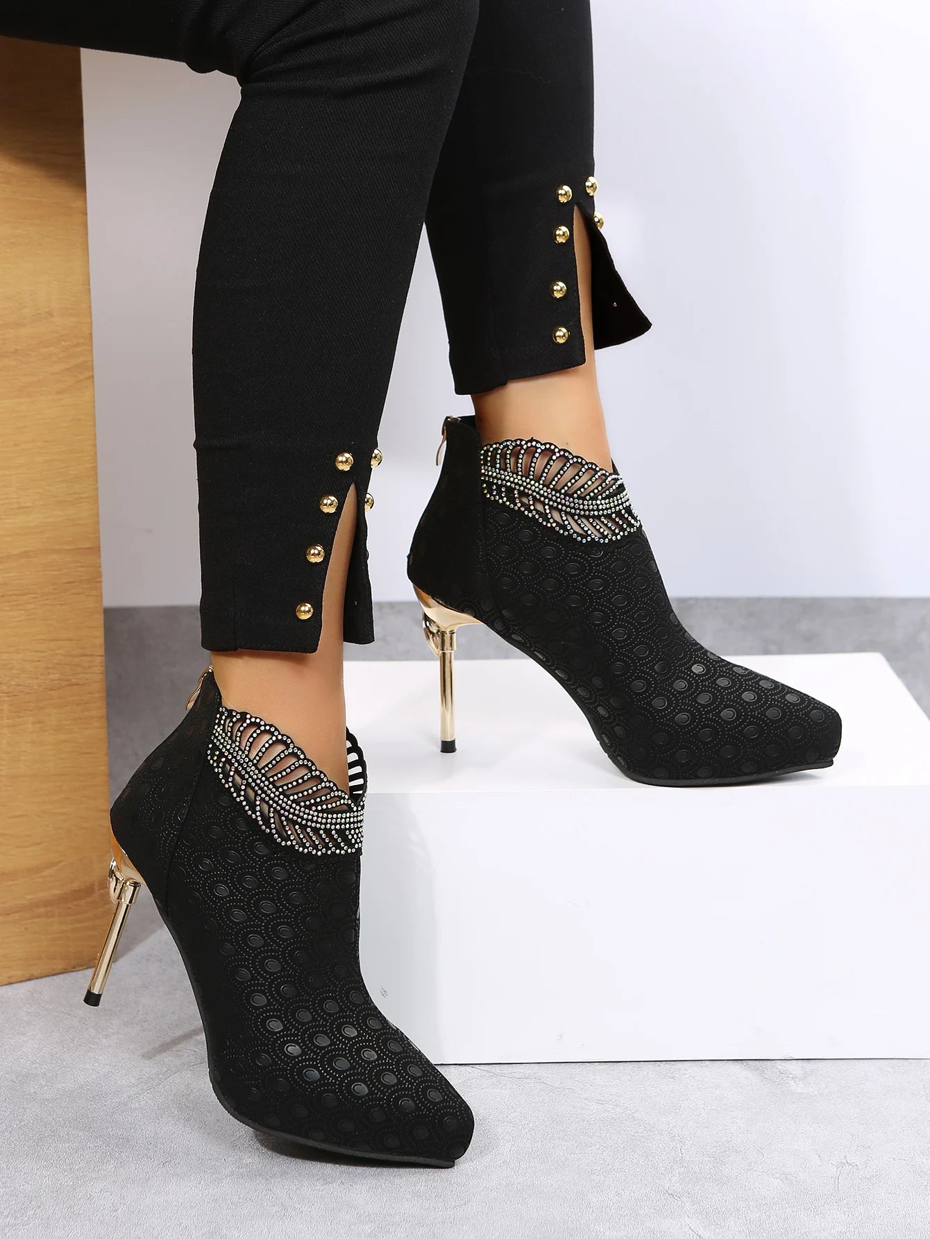 Women Rhinestone Stiletto Ankle Boots Sexy Pointed Toe Slip On Platform High Heels Party & Daily Wear Pumps