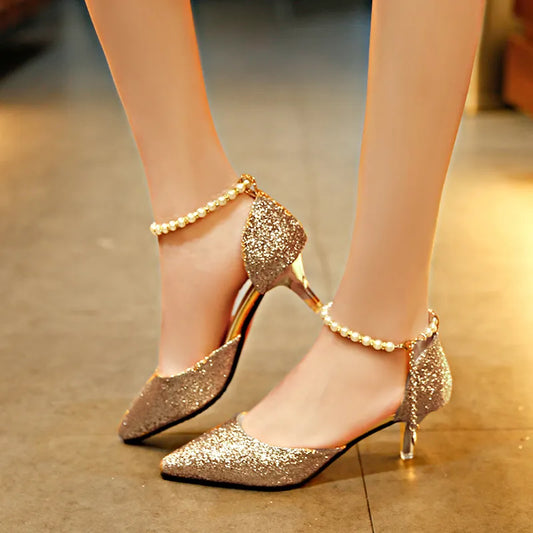 Trendy Pointed Toe Wedding Bridal Low Heels Shoes Female Party Mules Elegant Women Pumps Designer Shoes Sexy Dress Shoes Gold Silver Bling Bling Glitter