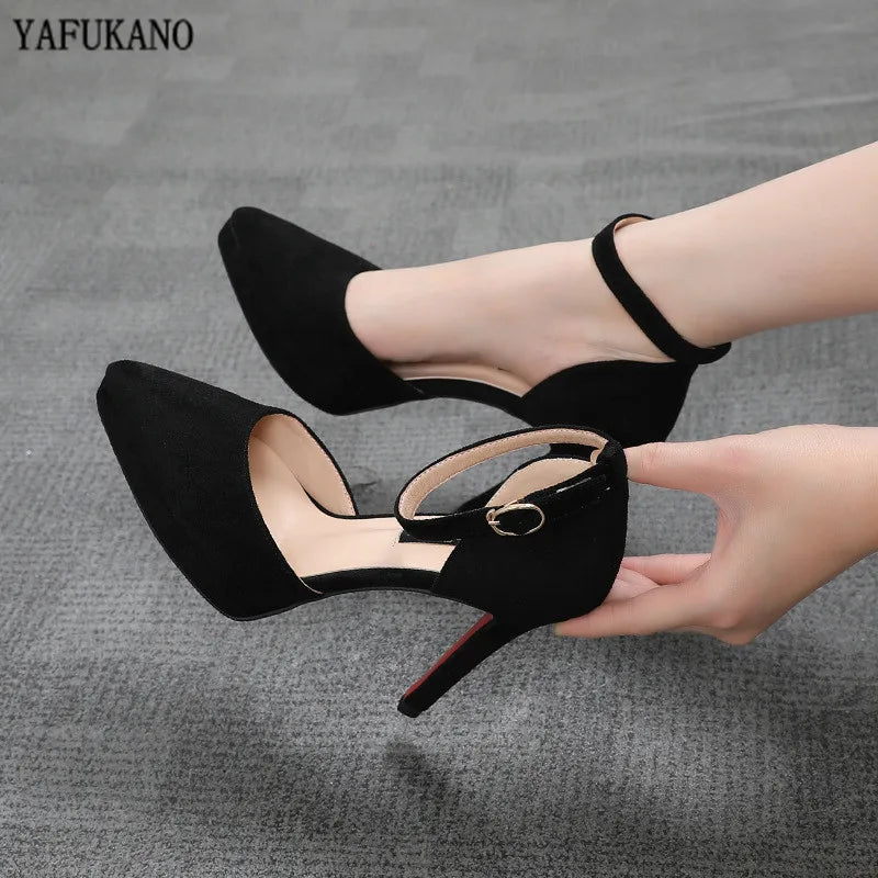 Ankle Straps Women's Sandals 10 Cm Sexy Pointed Toe Platform Pumps Matte Leather Ladies High Heels Beige Black Pink